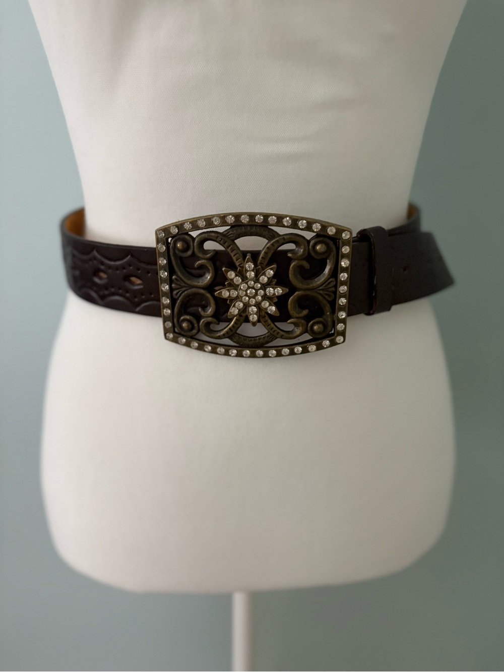 Dark Brown Leather Belt with Ornate Rhinestone Buckle